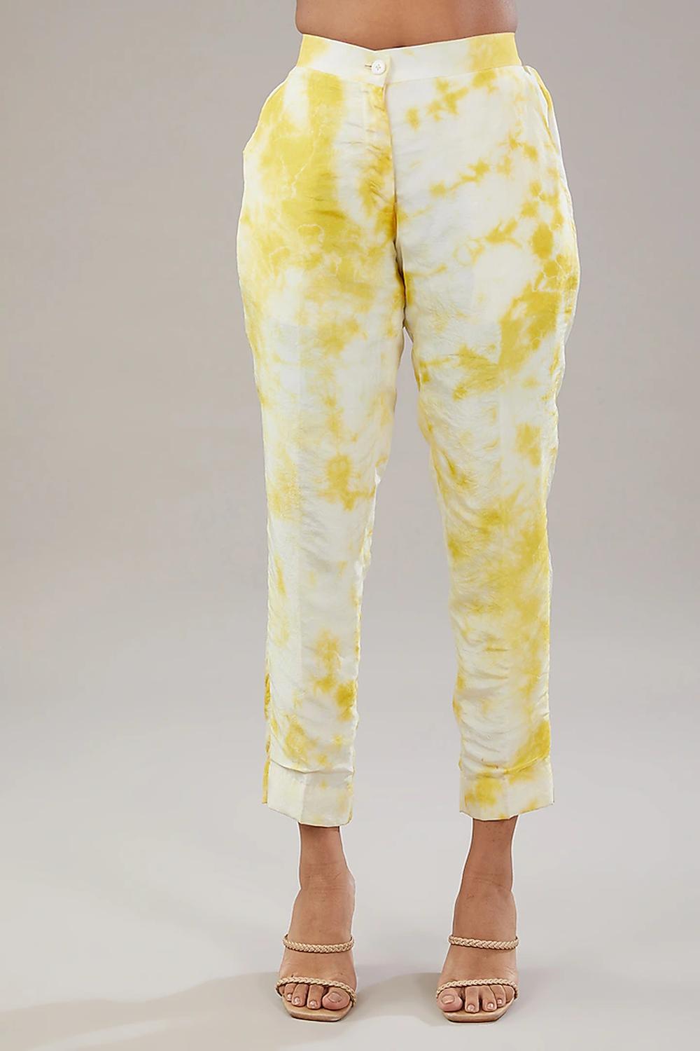 Off White & Yellow Tie-Dye Silk Floral Embroidered Shirt And Pant.