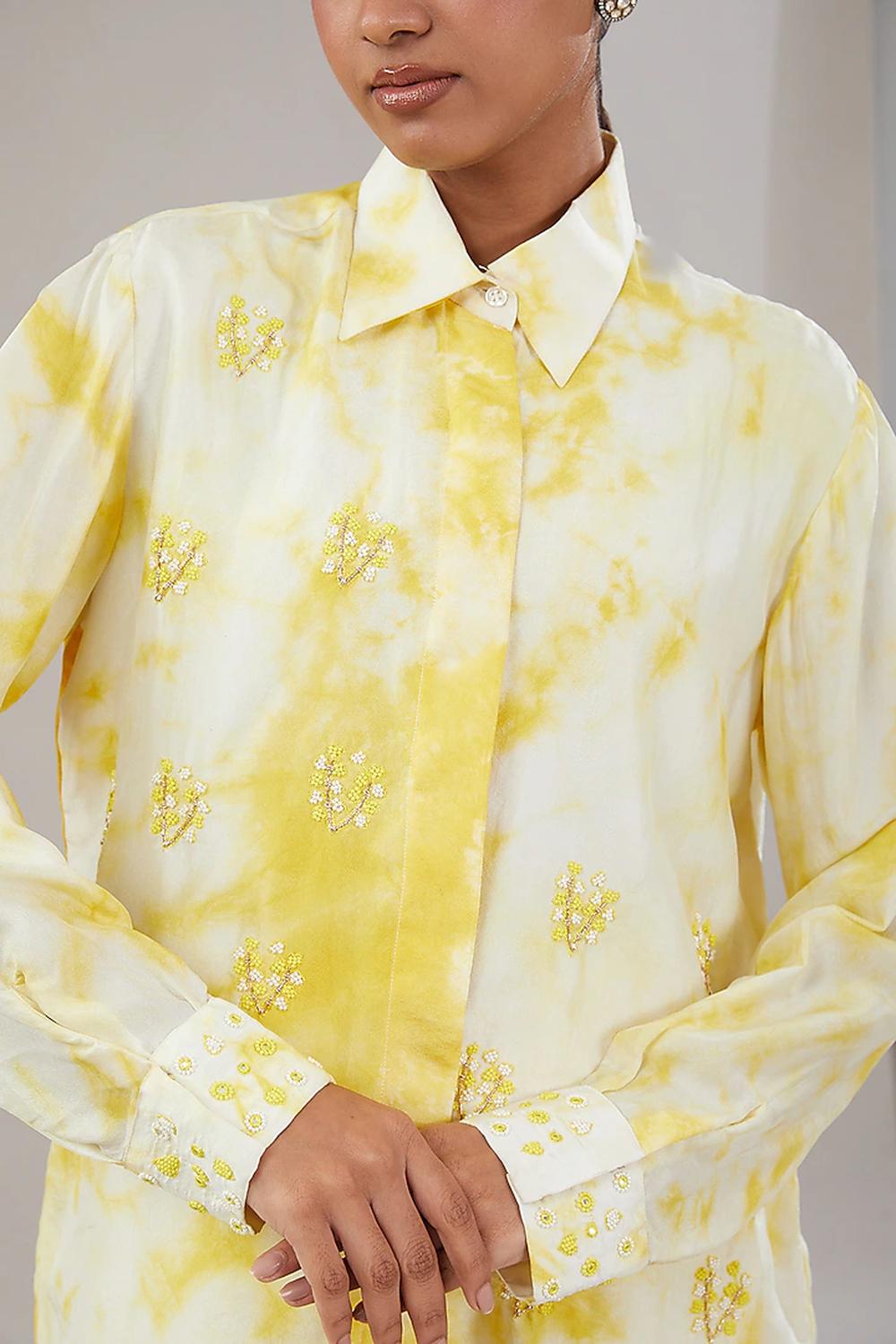 Off White & Yellow Tie-Dye Silk Floral Embroidered Shirt And Pant.