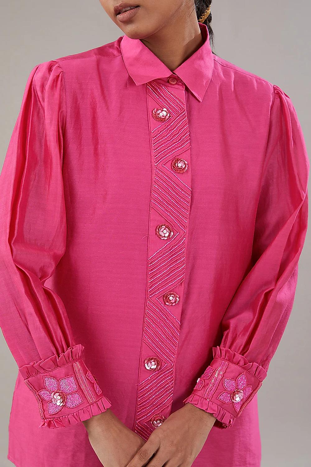 Fuscia Pink Silk Floral Embroidered Shirt And Pant.