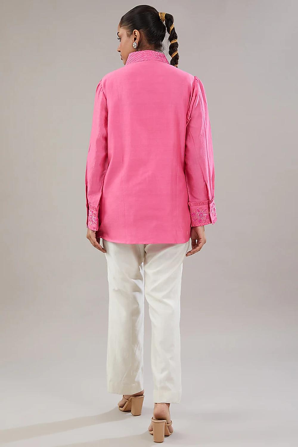 Pink Silk Floral Embroidered Shirt And Pant.