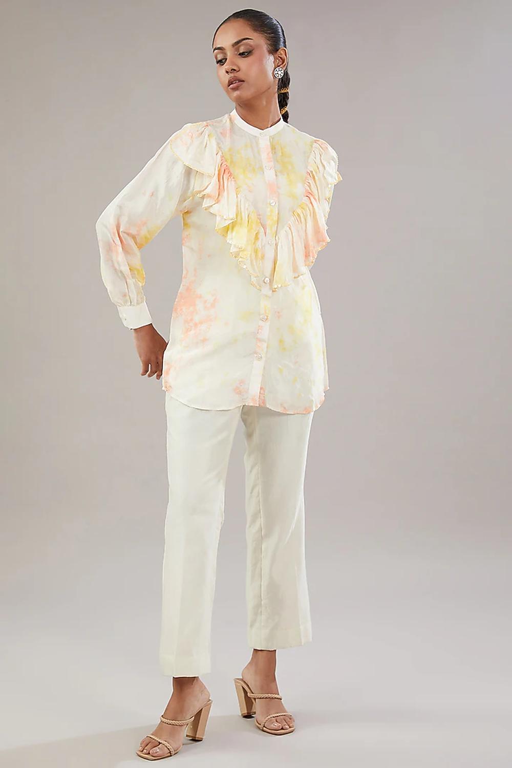 Off White With Peach And Yellow Tie Dye Frill Sequence Embroidered Shirt.