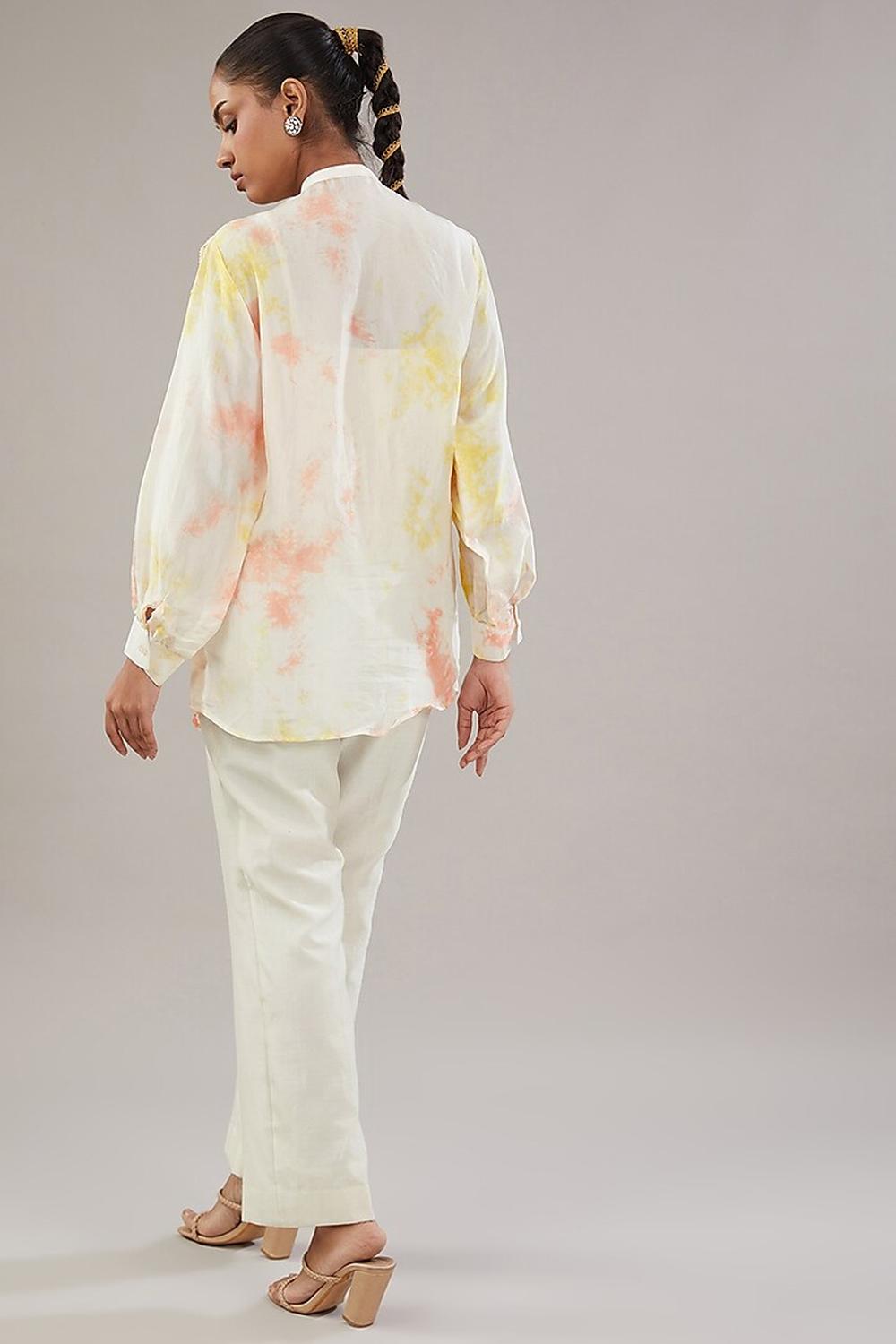 Off White With Peach And Yellow Tie Dye Frill Sequence Embroidered Shirt.