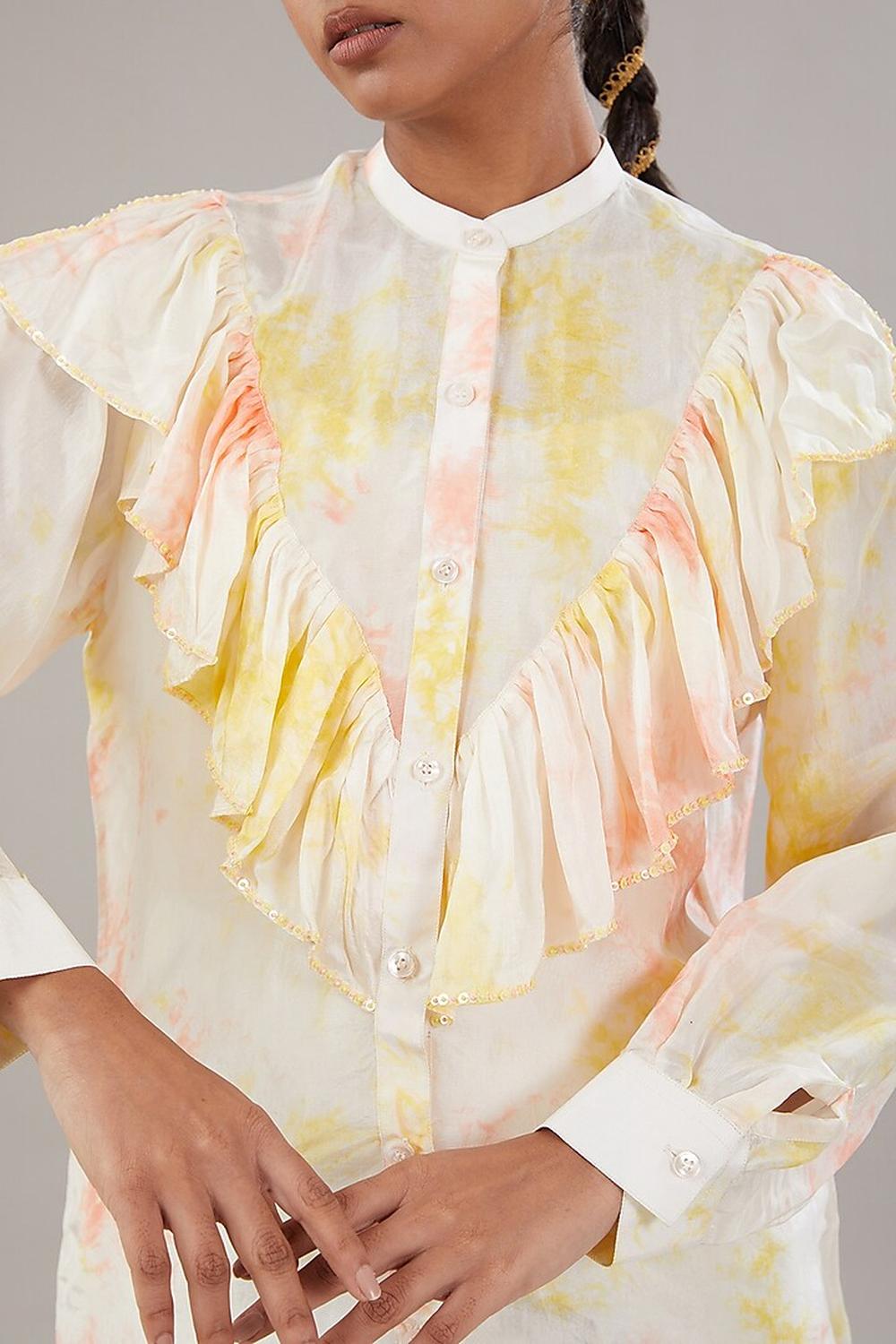 Off White With Peach And Yellow Tie Dye Frill Sequence Embroidered Shirt.