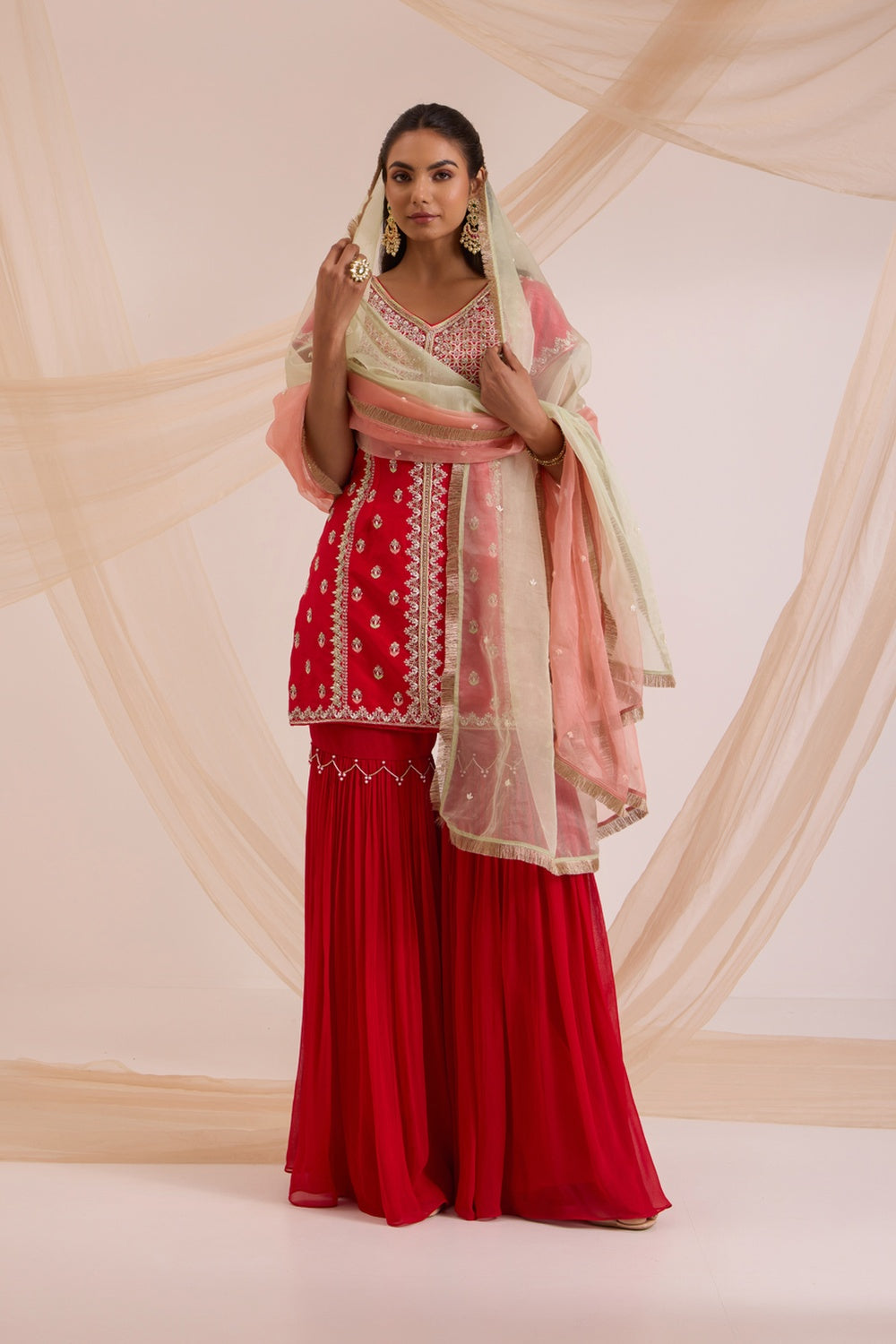 Red Straight Suit With Garara Set