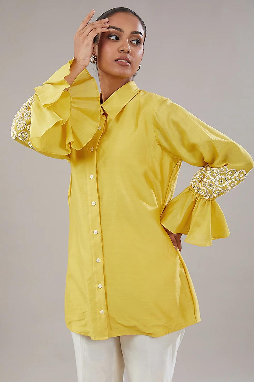 Yellow Silk Floral Embroidered Shirt.