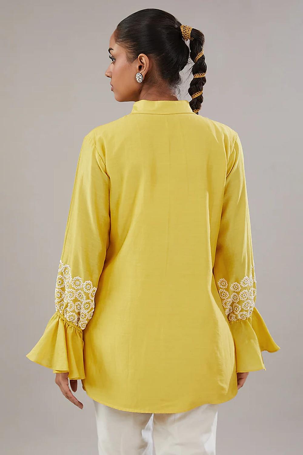 Yellow Silk Floral Embroidered Shirt.