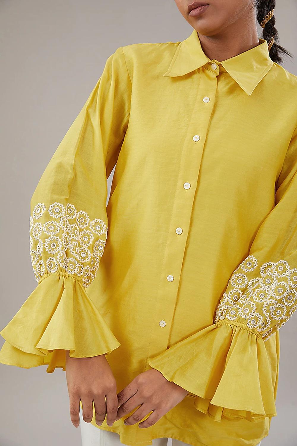Yellow Silk Floral Embroidered Shirt.