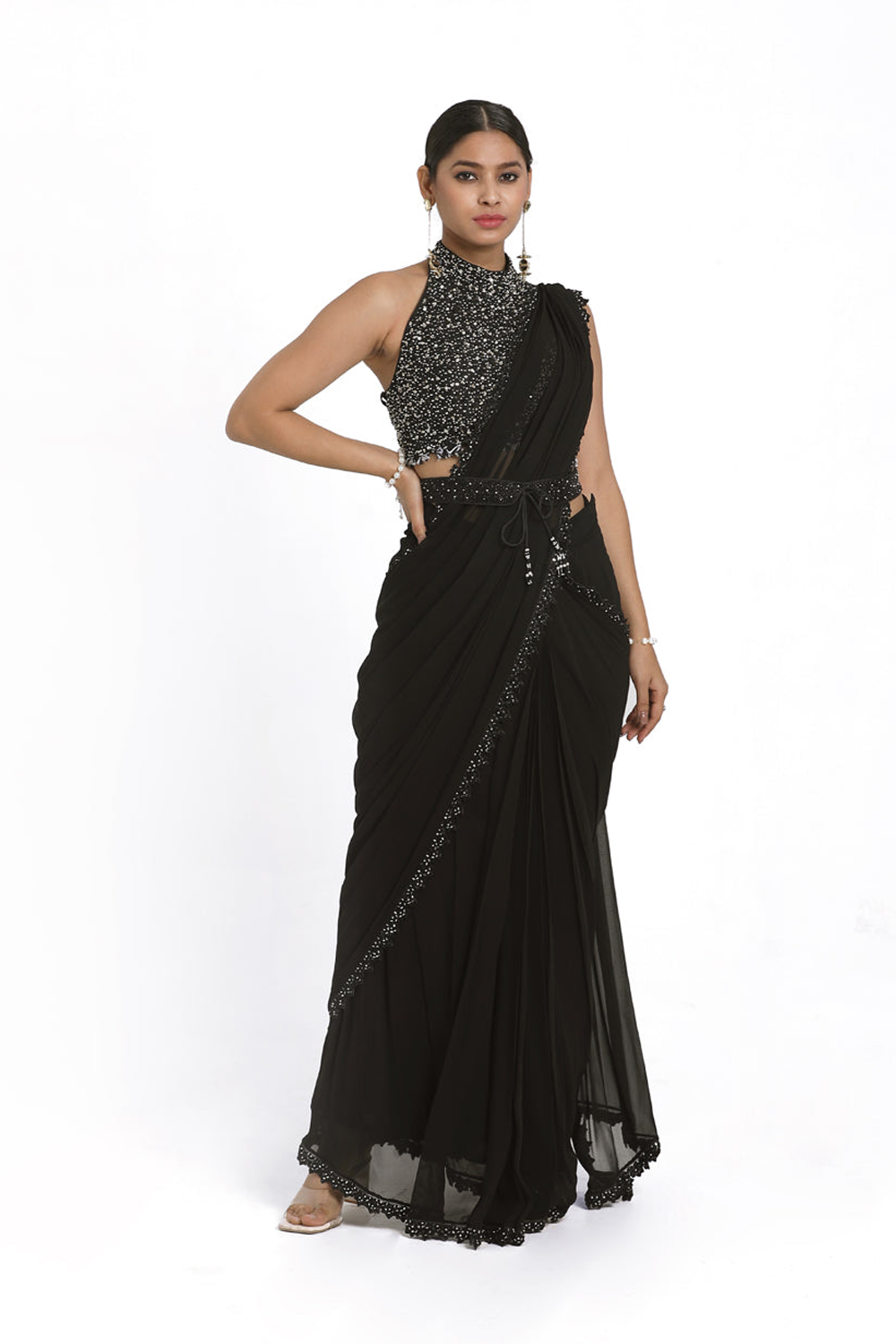 Black Drape Saree With Detachable Belt