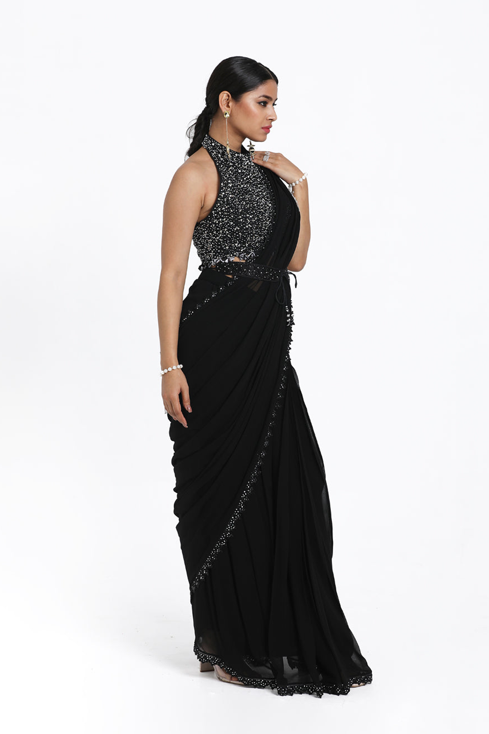 Black Drape Saree With Detachable Belt