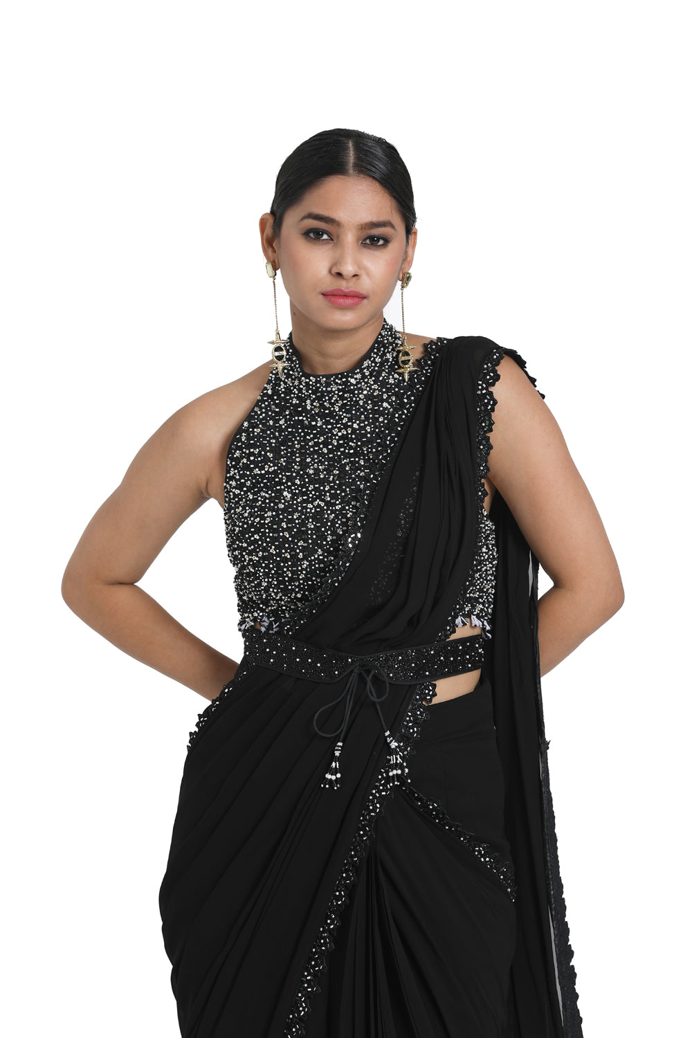 Black Drape Saree With Detachable Belt