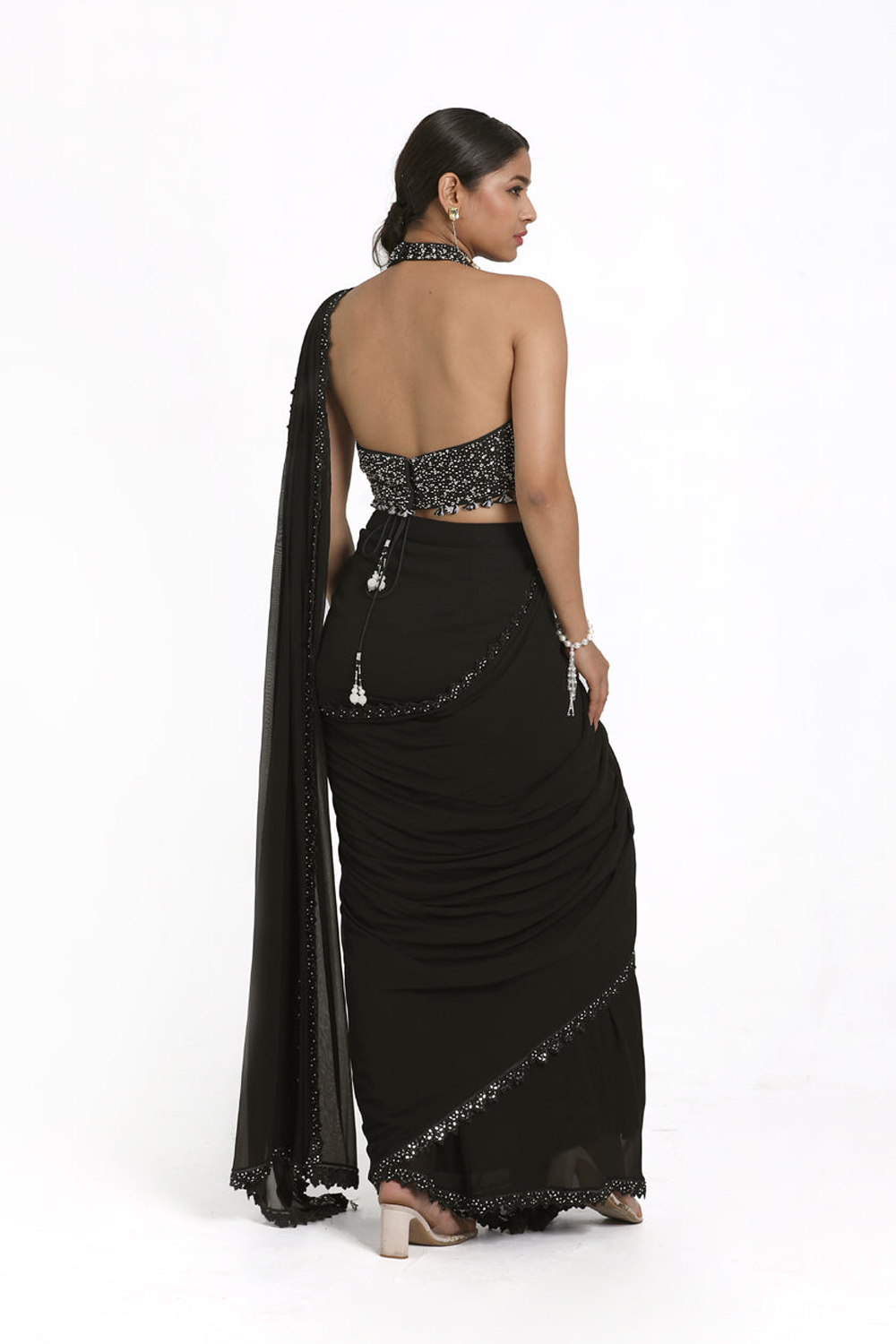 Black Drape Saree With Detachable Belt