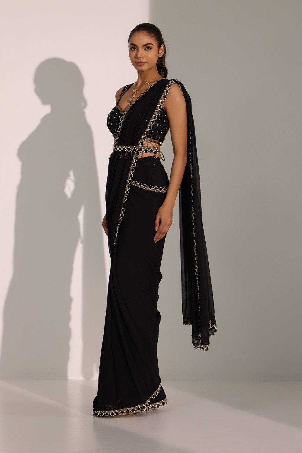 Black Drape Saree With Blouse & Detachable Belt.