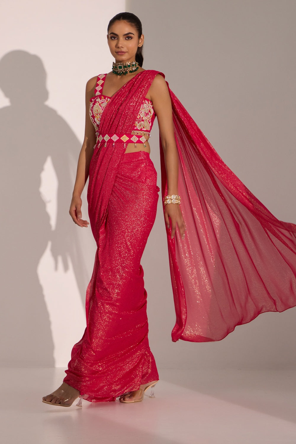 Fuscia Pink Drape Saree Wth Blouse & Detachable Belt