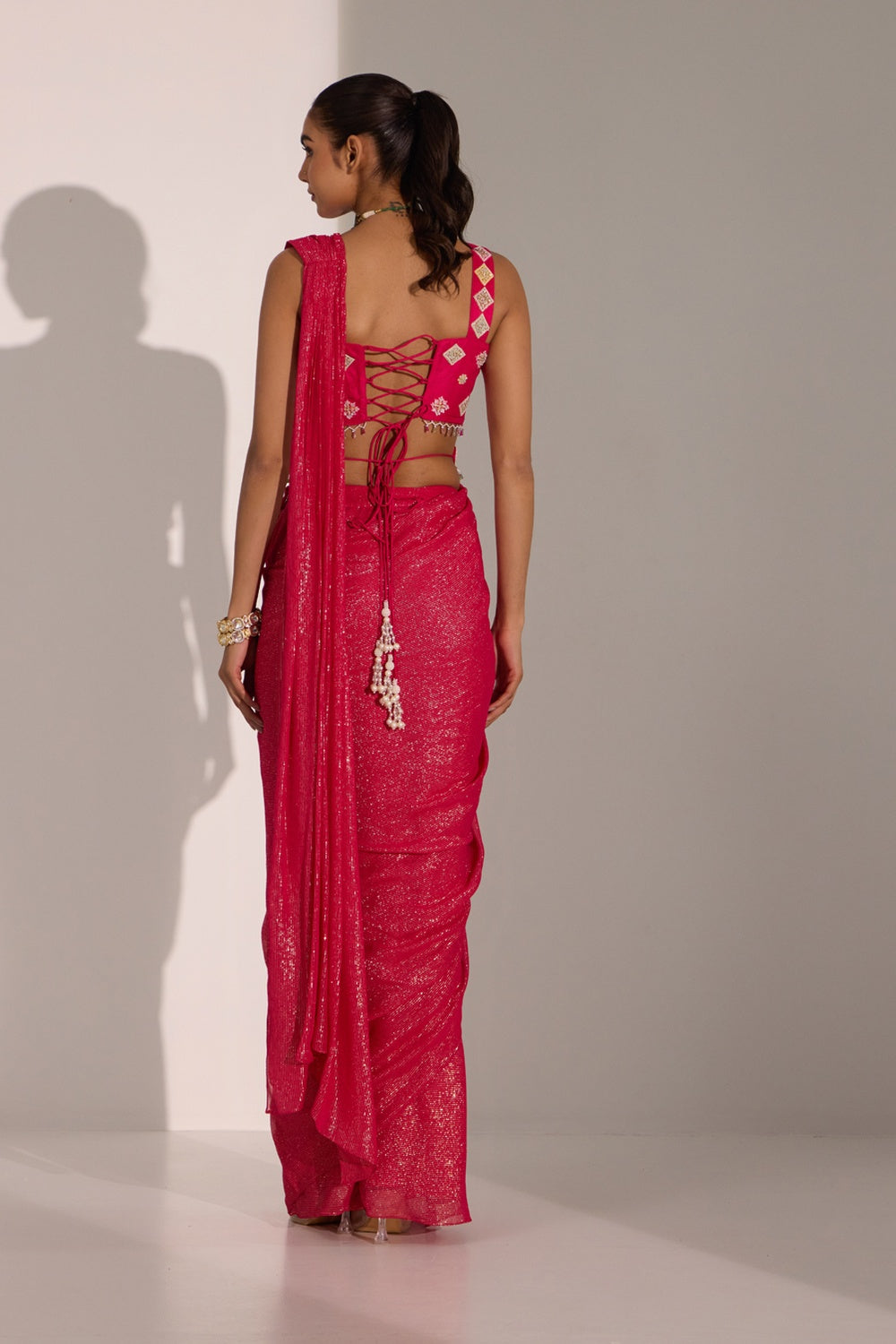 Fuscia Pink Drape Saree Wth Blouse & Detachable Belt