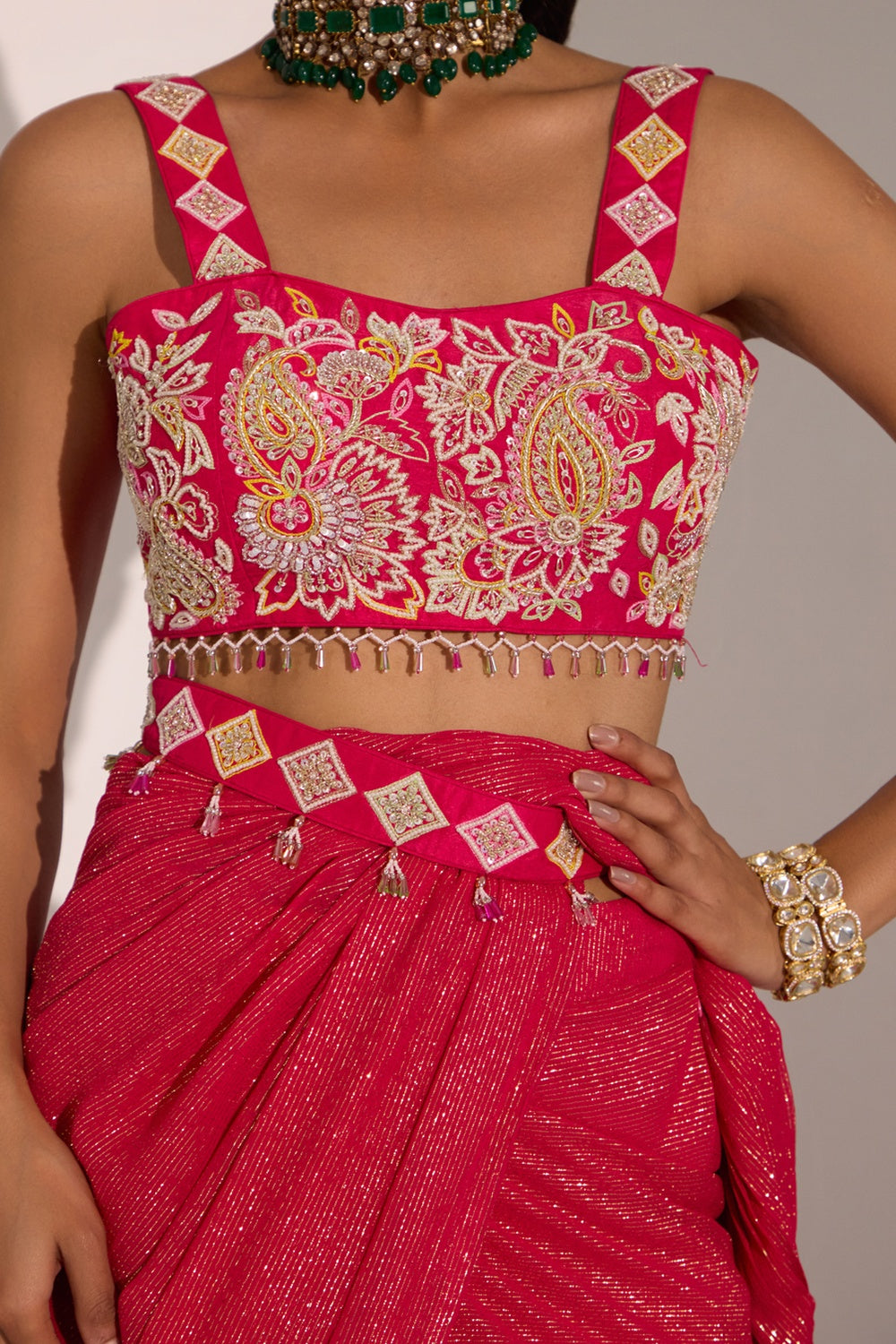Fuscia Pink Drape Saree Wth Blouse & Detachable Belt
