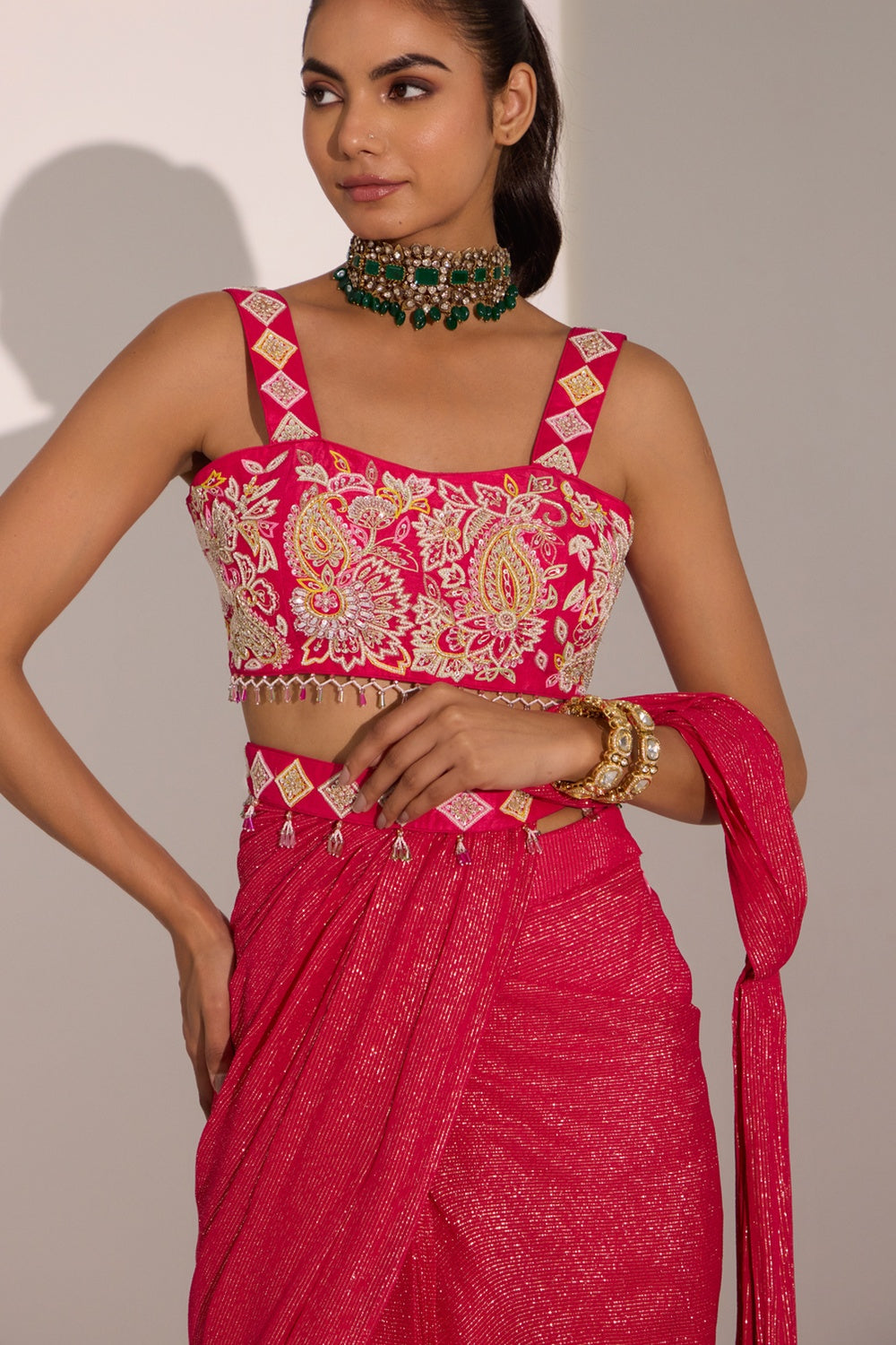 Fuscia Pink Drape Saree Wth Blouse & Detachable Belt