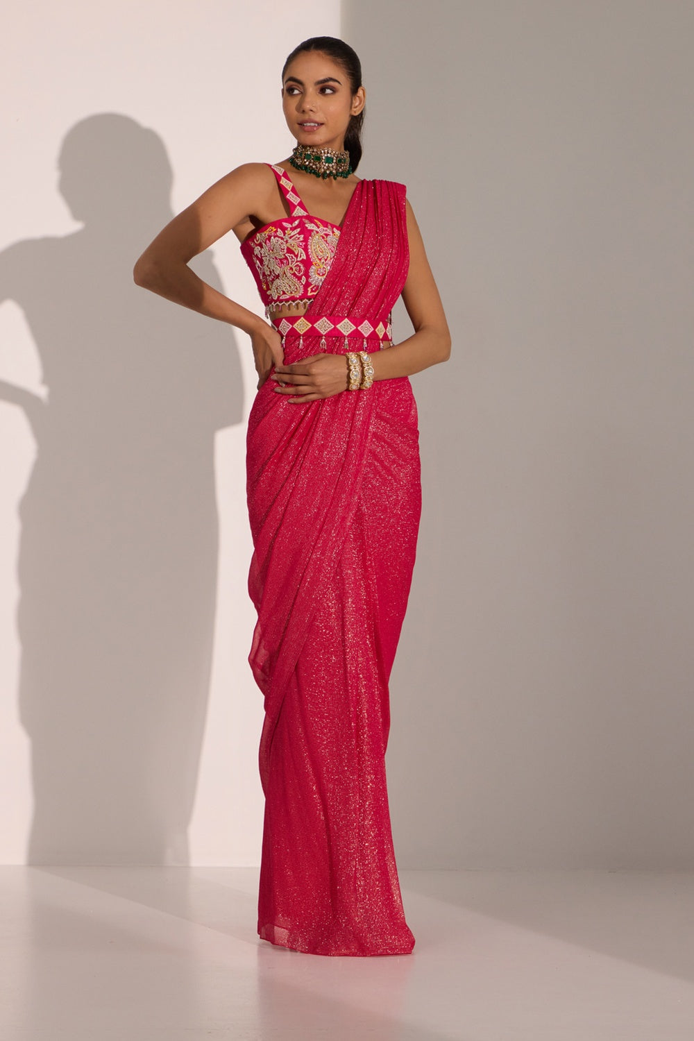 Fuscia Pink Drape Saree Wth Blouse & Detachable Belt