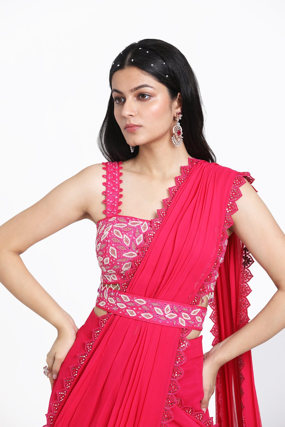 Pink Drape Saree With Detachable Belt
