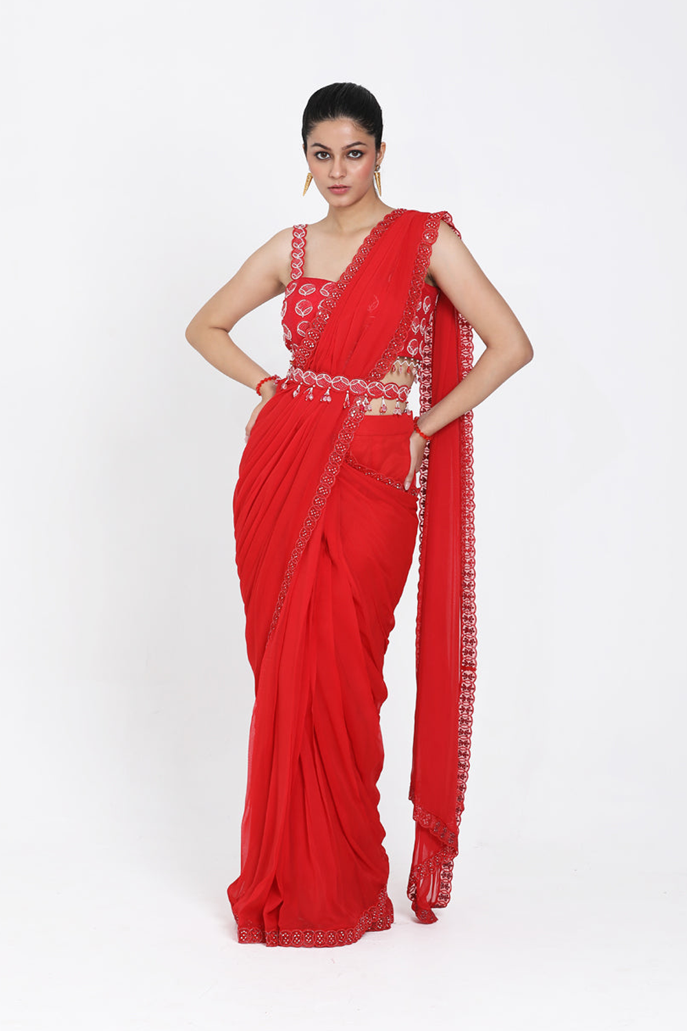 Red Drape Saree With Detachable Belt