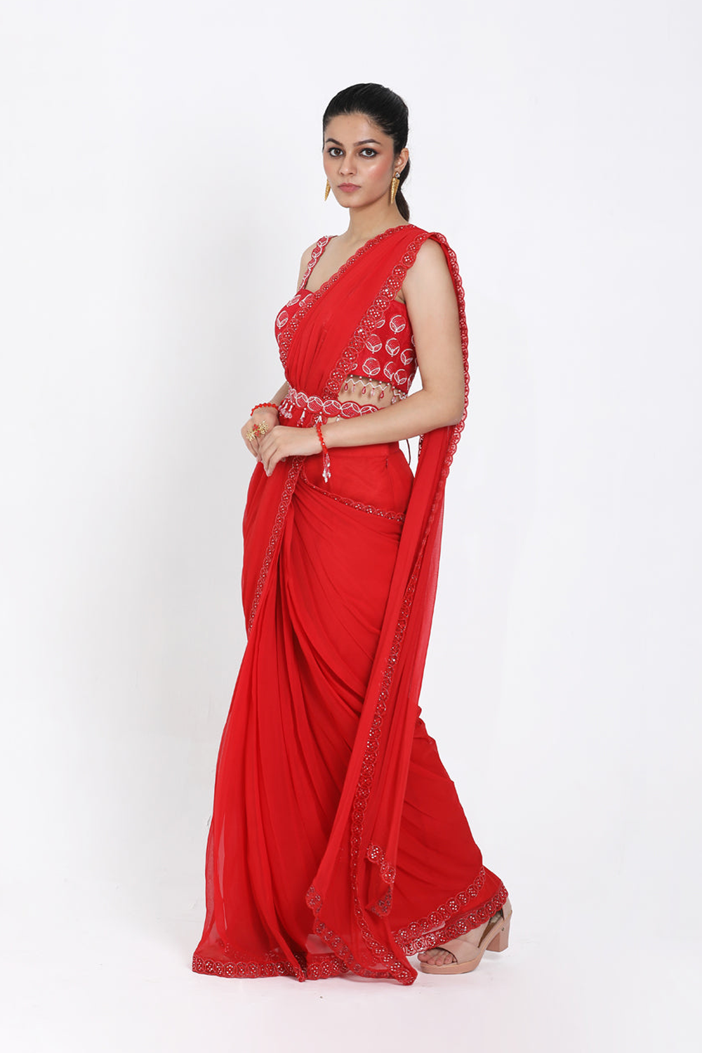 Red Drape Saree With Detachable Belt