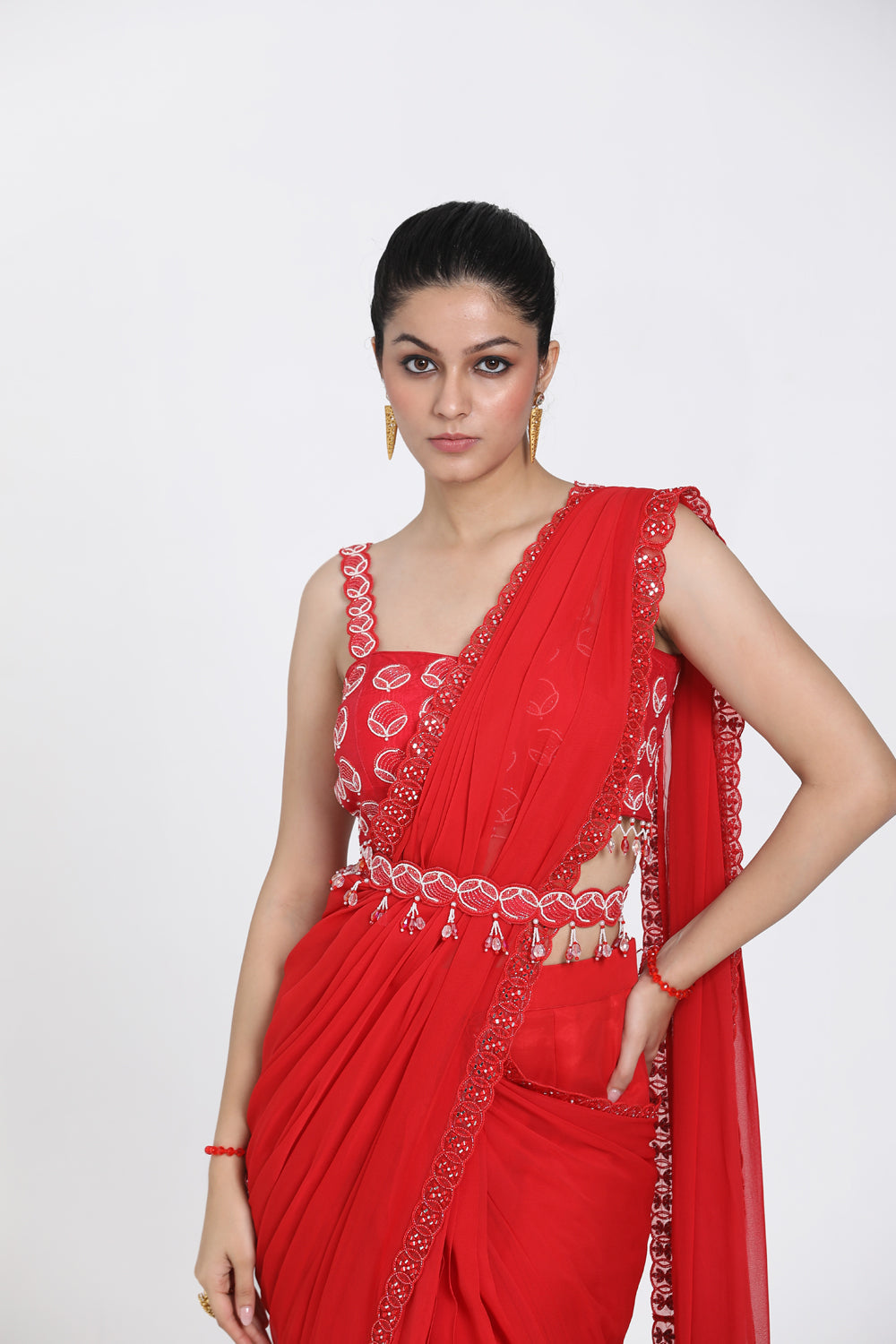Red Drape Saree With Detachable Belt