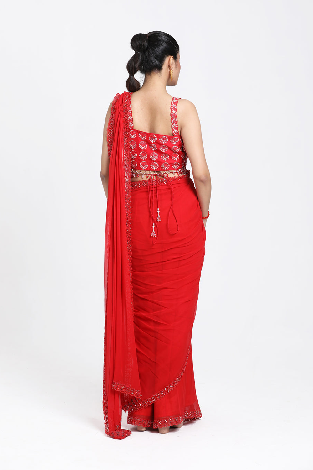 Red Drape Saree With Detachable Belt