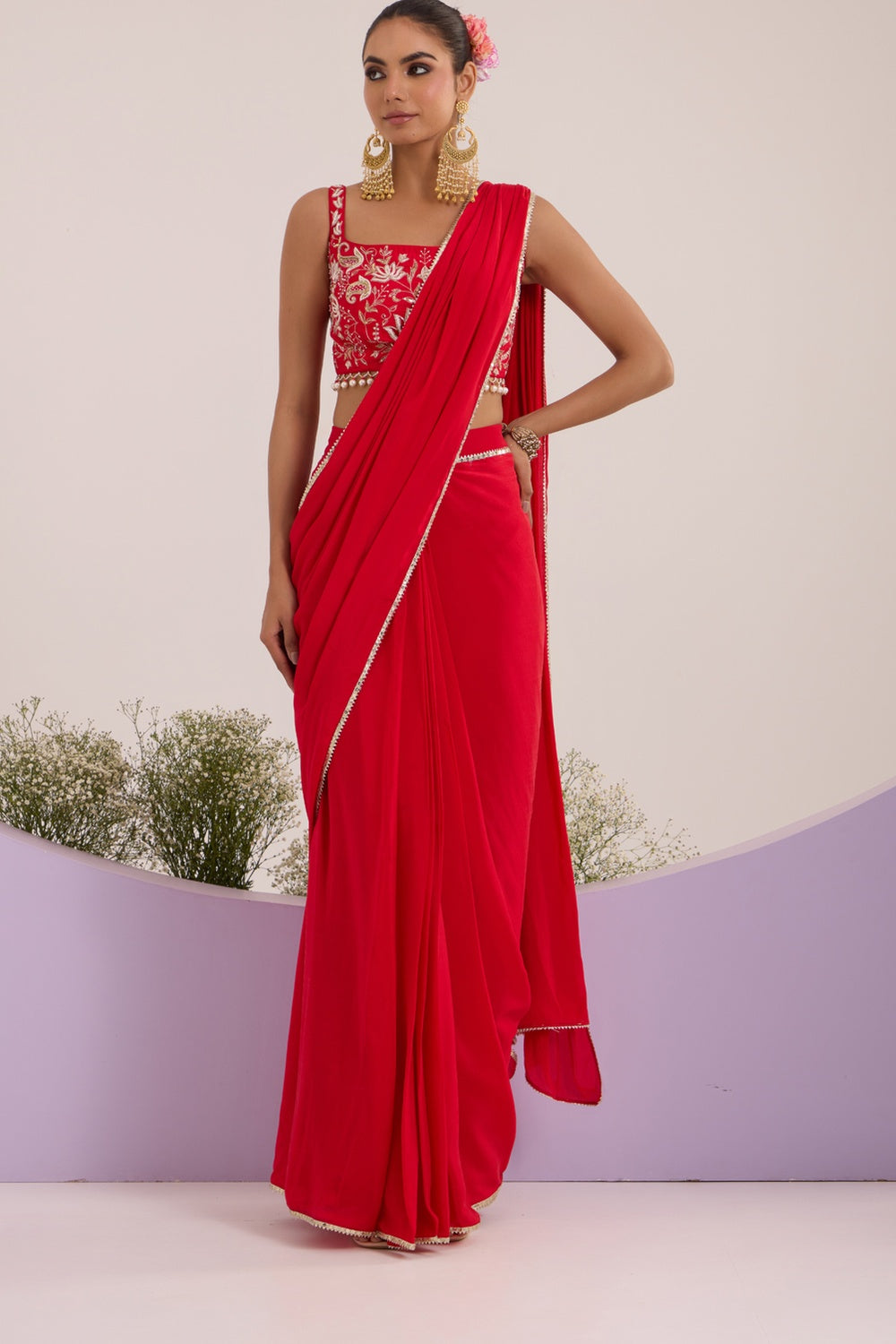 Red Drape Saree With Blouse & Detachable Belt.