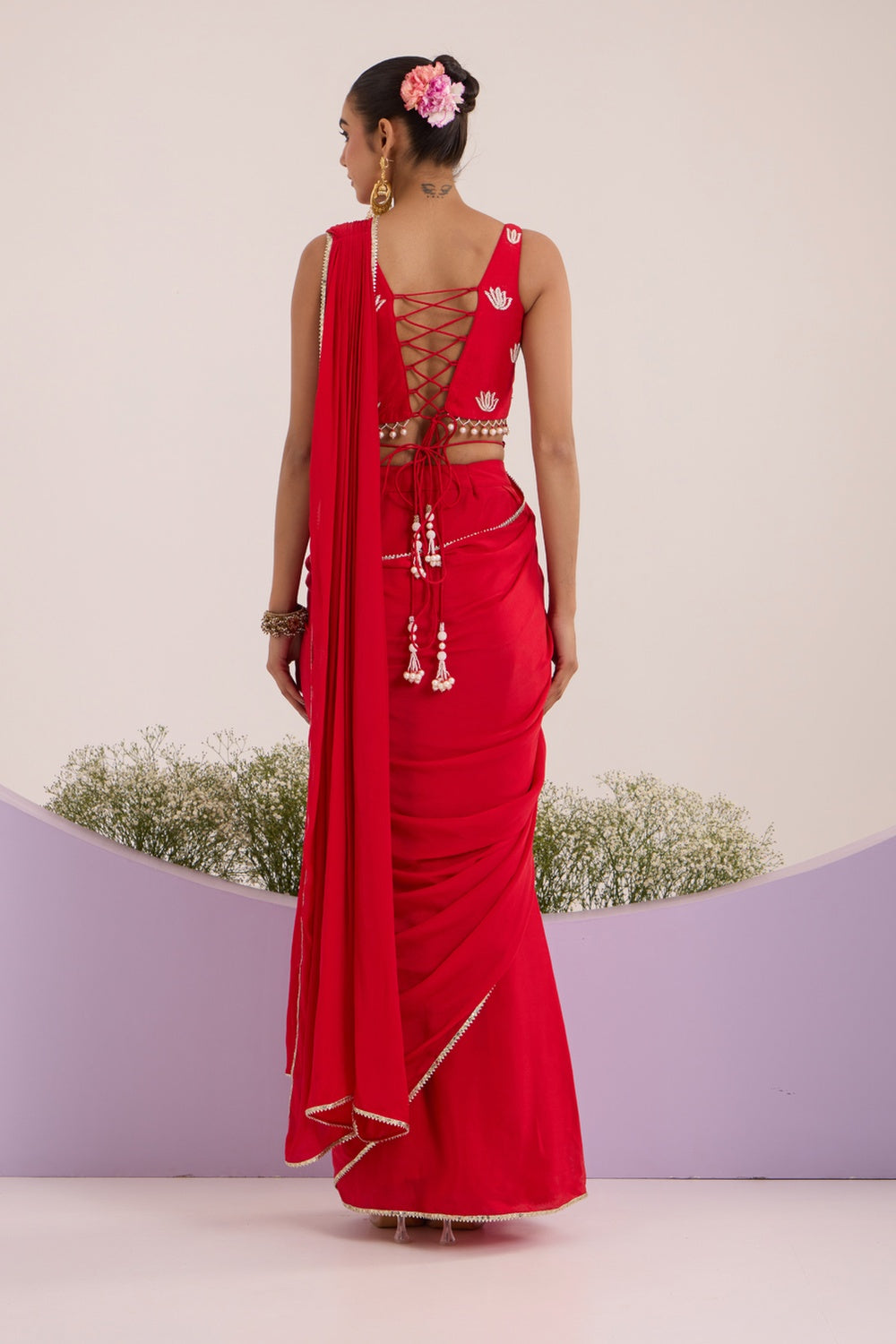 Red Drape Saree With Blouse & Detachable Belt.