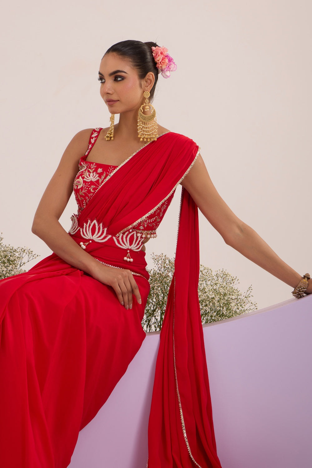 Red Drape Saree With Blouse & Detachable Belt.