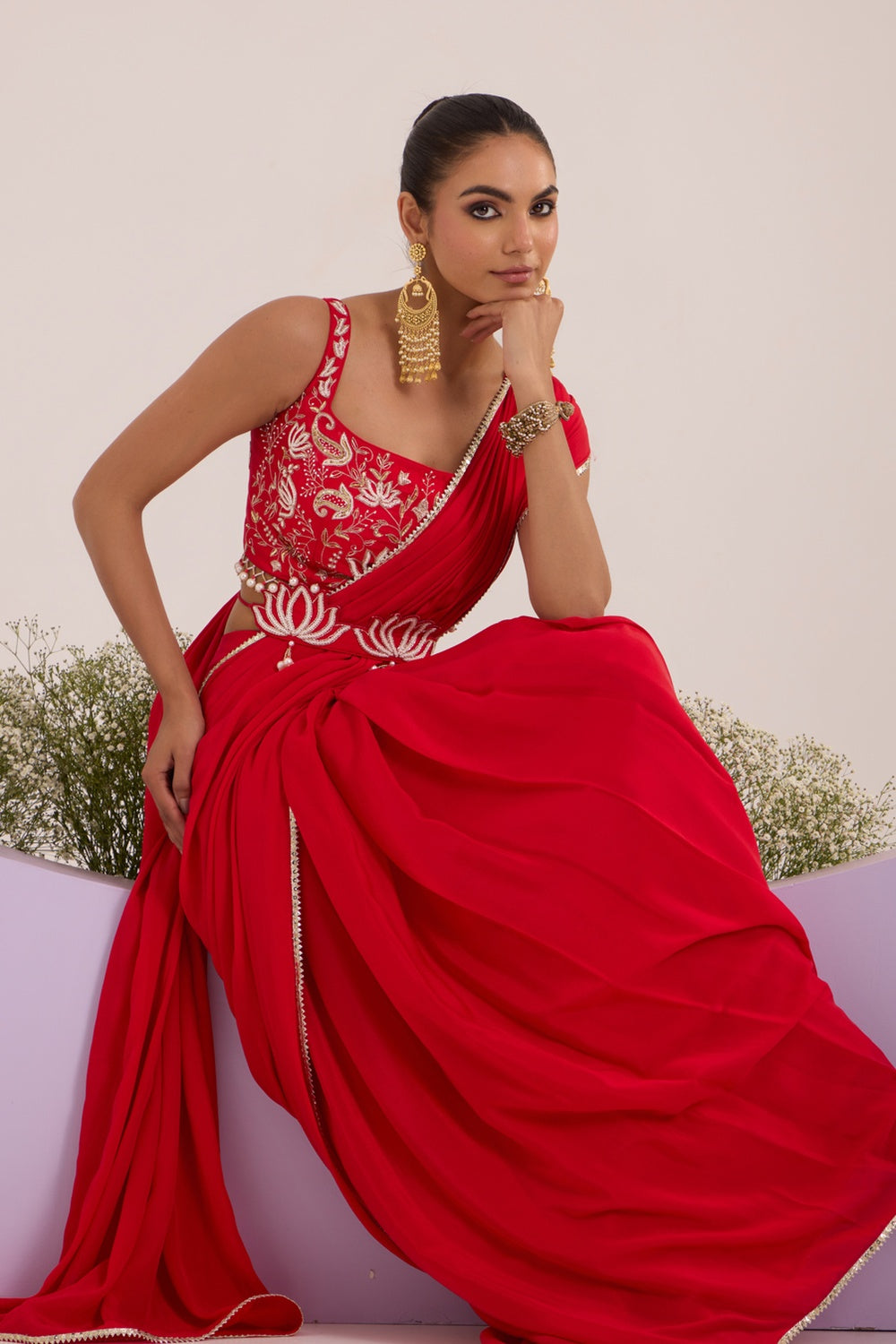 Red Drape Saree With Blouse & Detachable Belt.