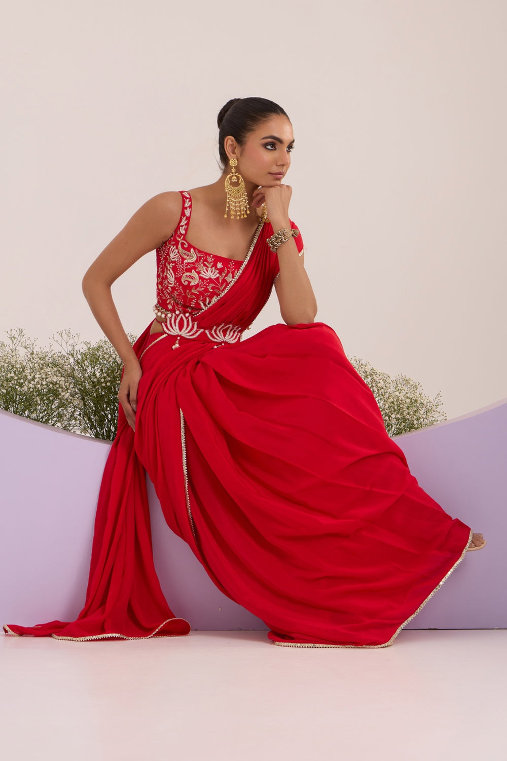Red Drape Saree With Blouse & Detachable Belt.
