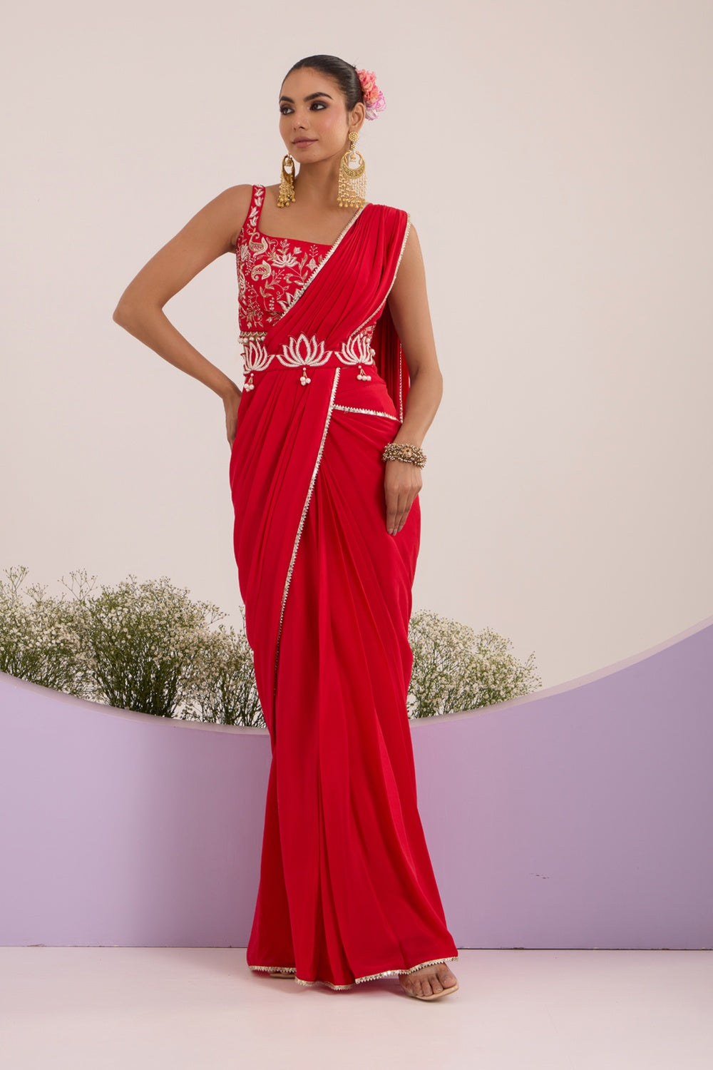 Red Drape Saree With Blouse & Detachable Belt.