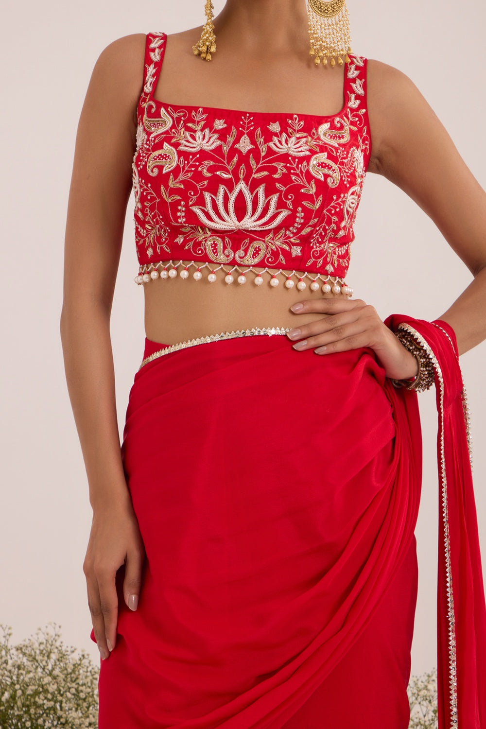 Red Drape Saree With Blouse & Detachable Belt.