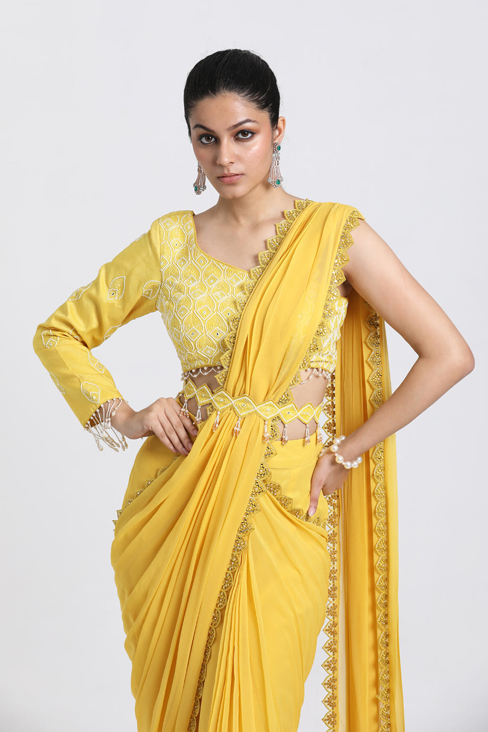 Yellow Drape Saree Set