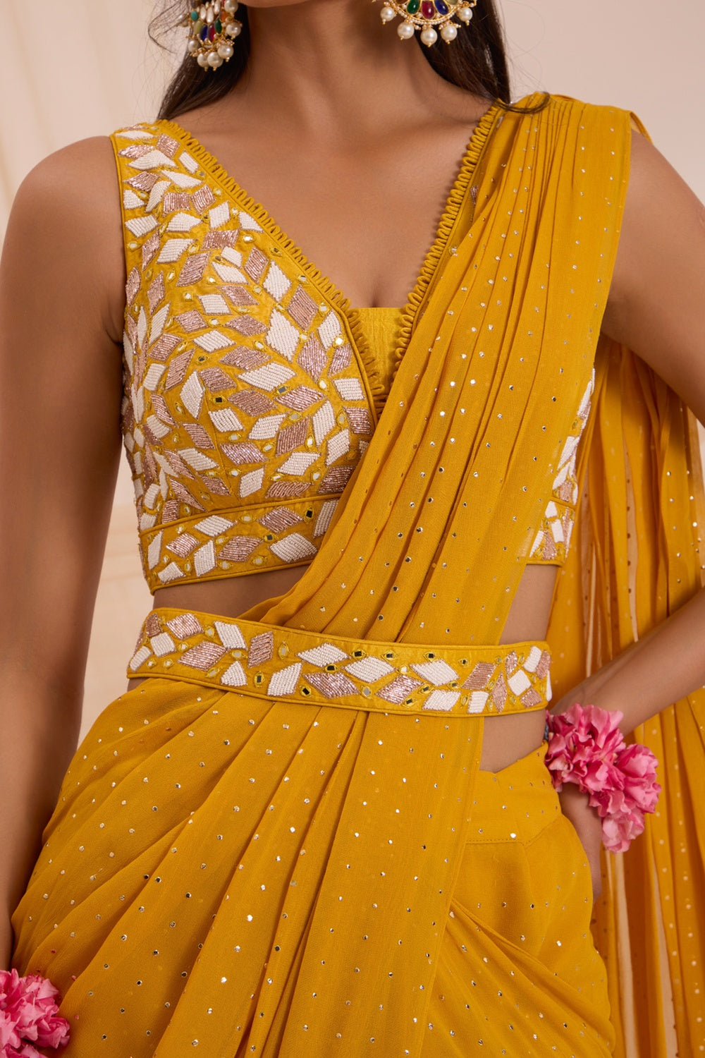 Mustard Yellow Saree With Blouse & Detachable Belt Set.