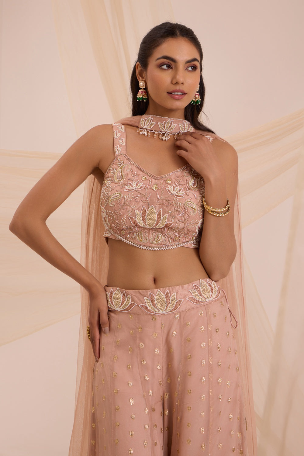 Sand Crop Top With Sharara & Chokar Dupatta Set.