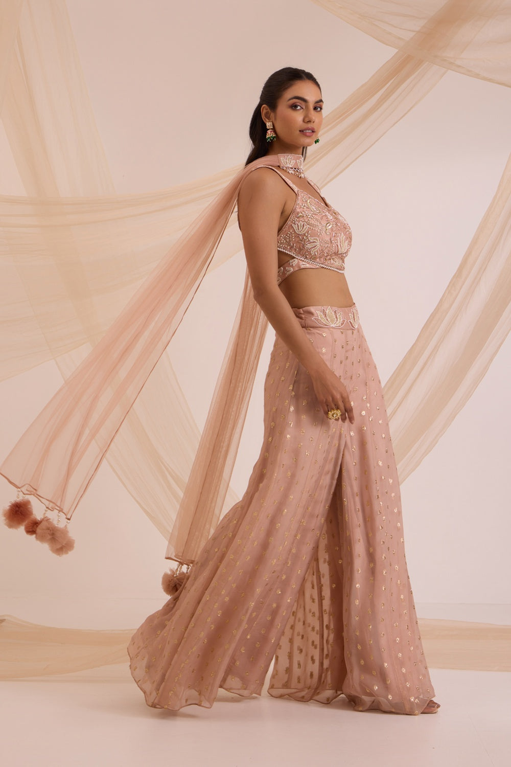 Sand Crop Top With Sharara & Chokar Dupatta Set.