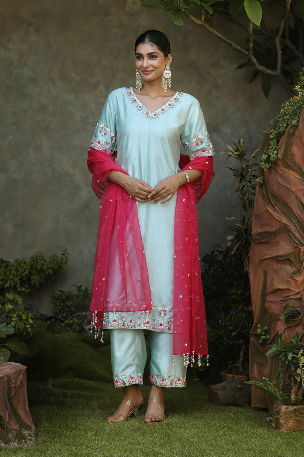 Aqua Blue Silk Floral Embroidered Straight Suit With Pant And Pink Organa Dupatta Set.
