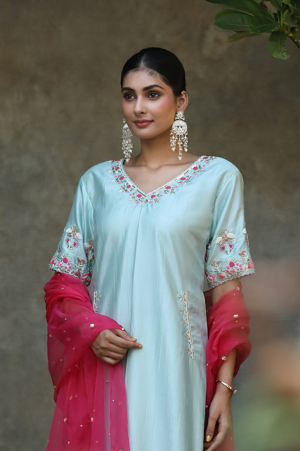 Aqua Blue Silk Floral Embroidered Straight Suit With Pant And Pink Organa Dupatta Set.