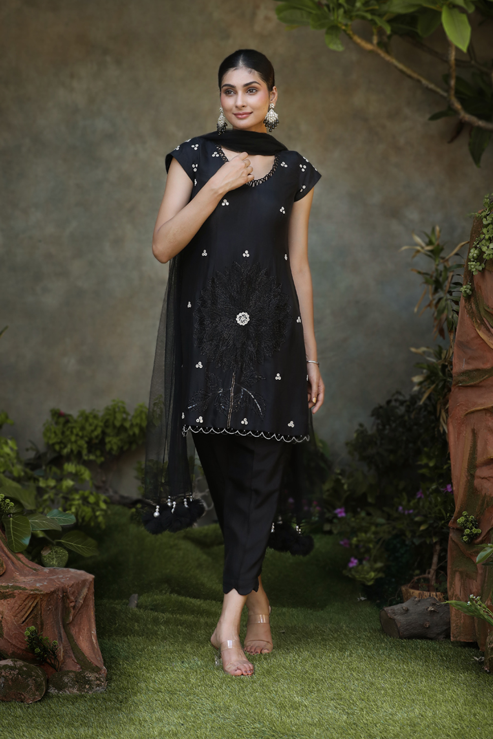 Black Silk Floral Embroidered Straight Suit With Pant And Net Dupatta Set.