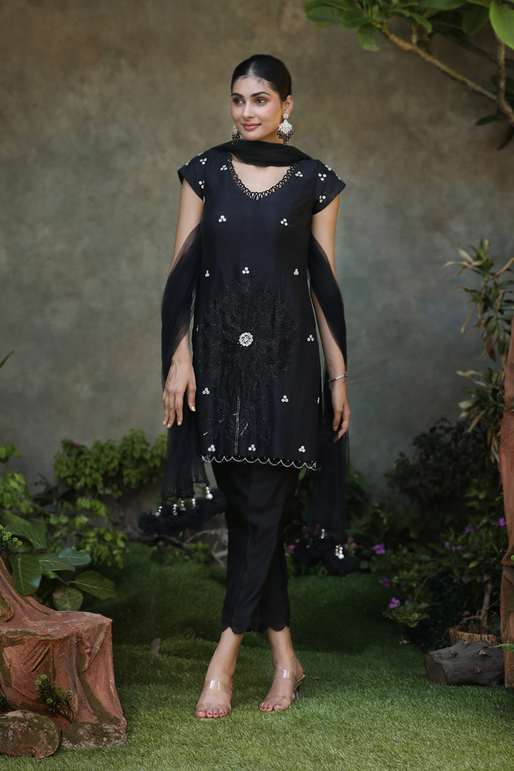 Black Silk Floral Embroidered Straight Suit With Pant And Net Dupatta Set.
