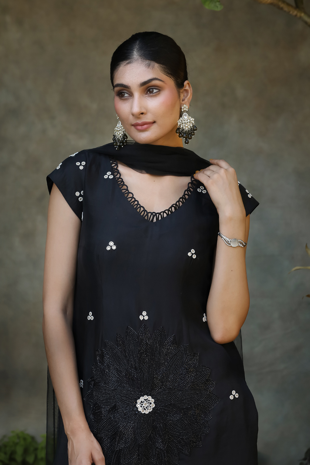 Black Silk Floral Embroidered Straight Suit With Pant And Net Dupatta Set.