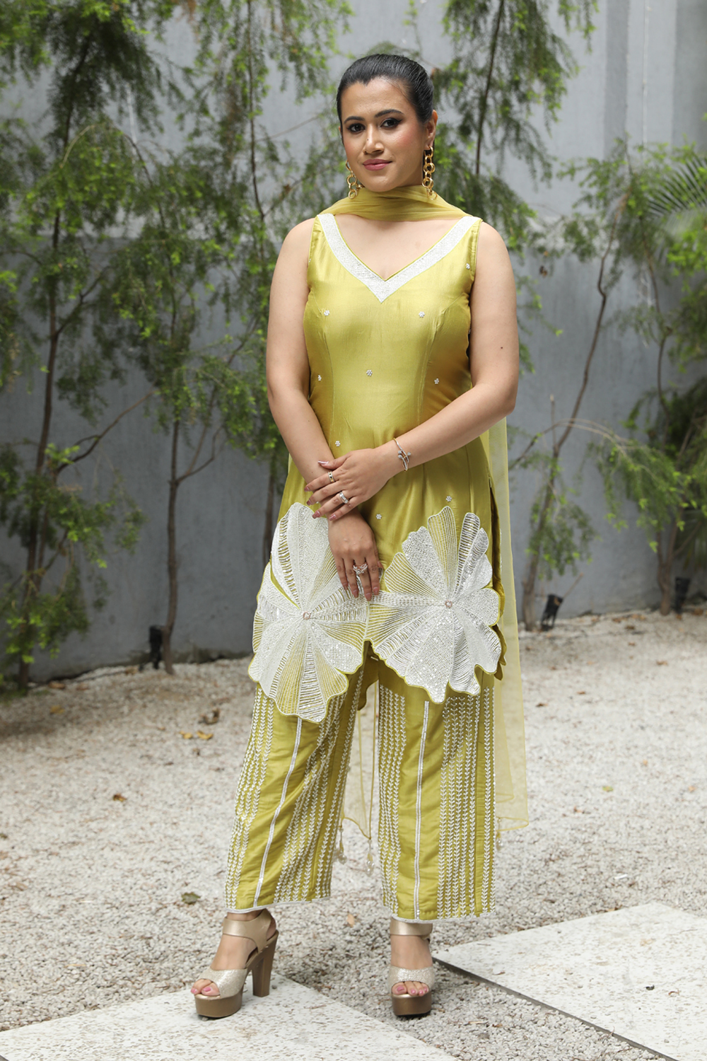 Lime Green Silk Floral Embroidered Straight Suit With Pant And Dupatta Set.