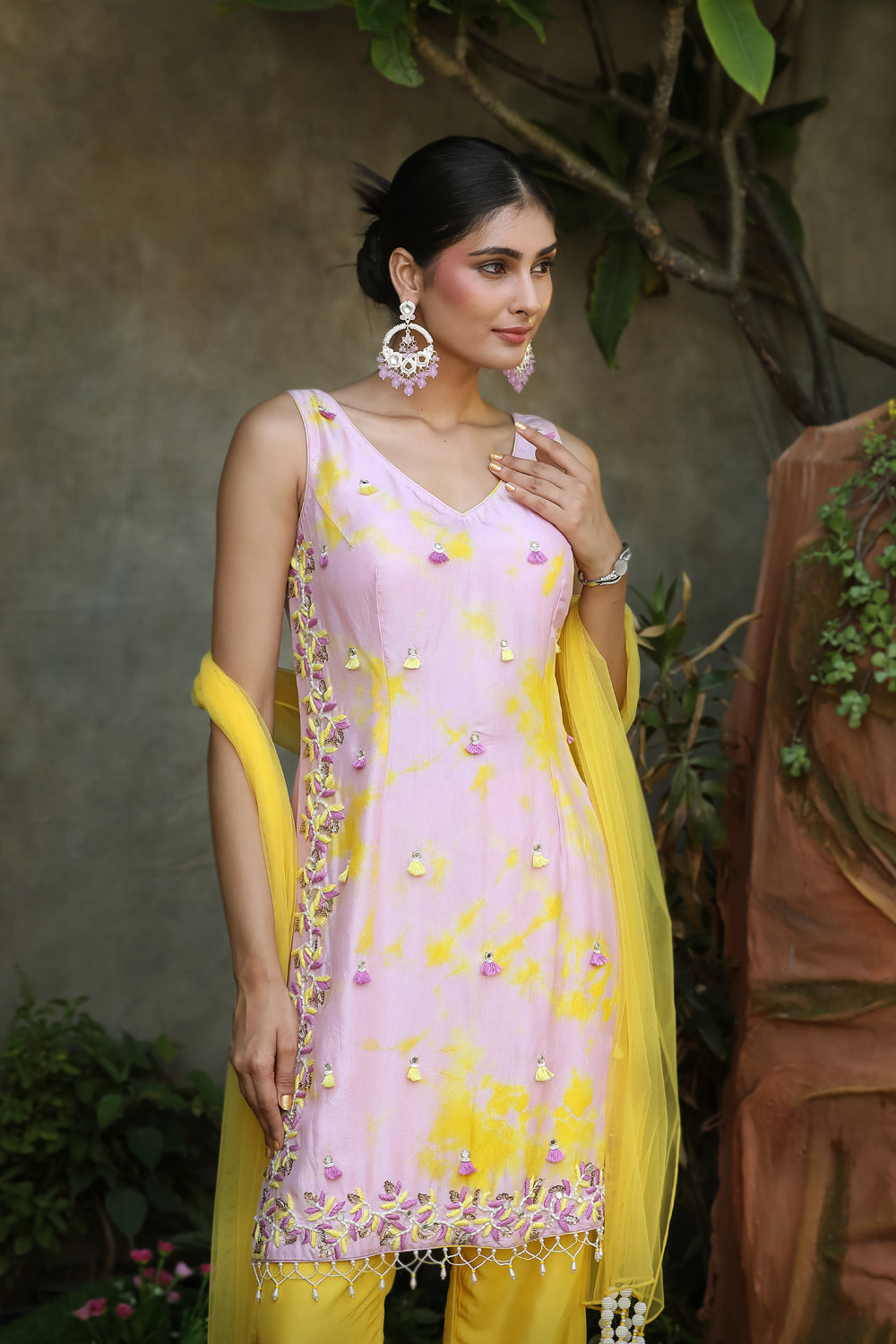 Lilac, Yellow Tye Dye Silk Floral Embroidered Straight Suit With Yellow Pant And Net Dupatta Set.