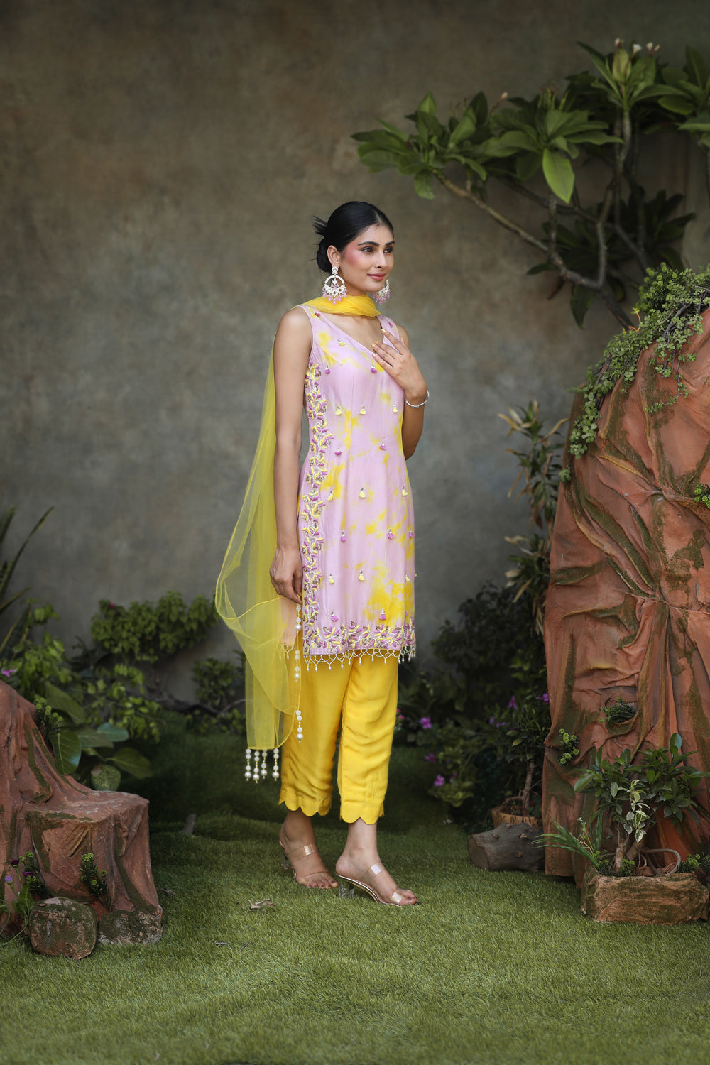 Lilac, Yellow Tye Dye Silk Floral Embroidered Straight Suit With Yellow Pant And Net Dupatta Set.