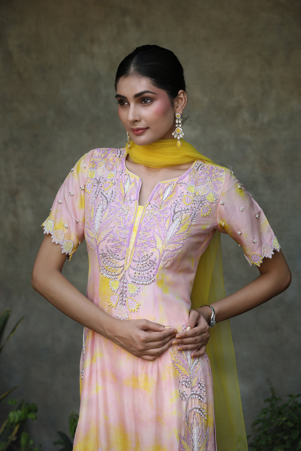 Lilac, Yellow Tye Dye Silk Floral Embroidered Straight Suit With Yellow Pant And Net Dupatta Set.