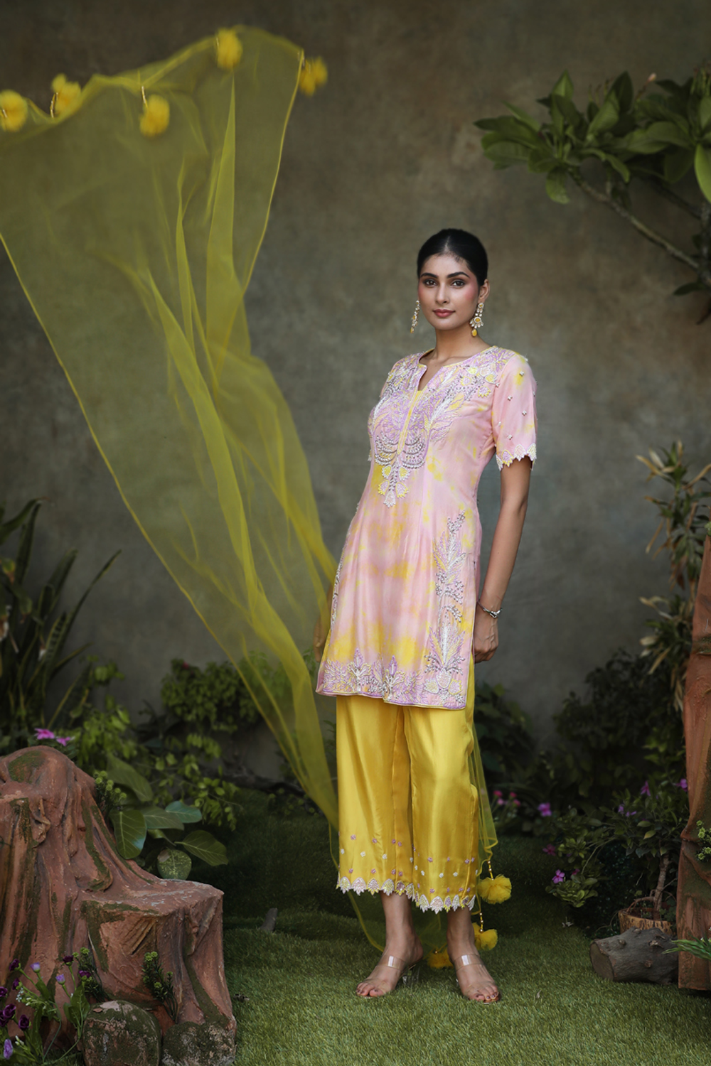 Lilac, Yellow Tye Dye Silk Floral Embroidered Straight Suit With Yellow Pant And Net Dupatta Set.