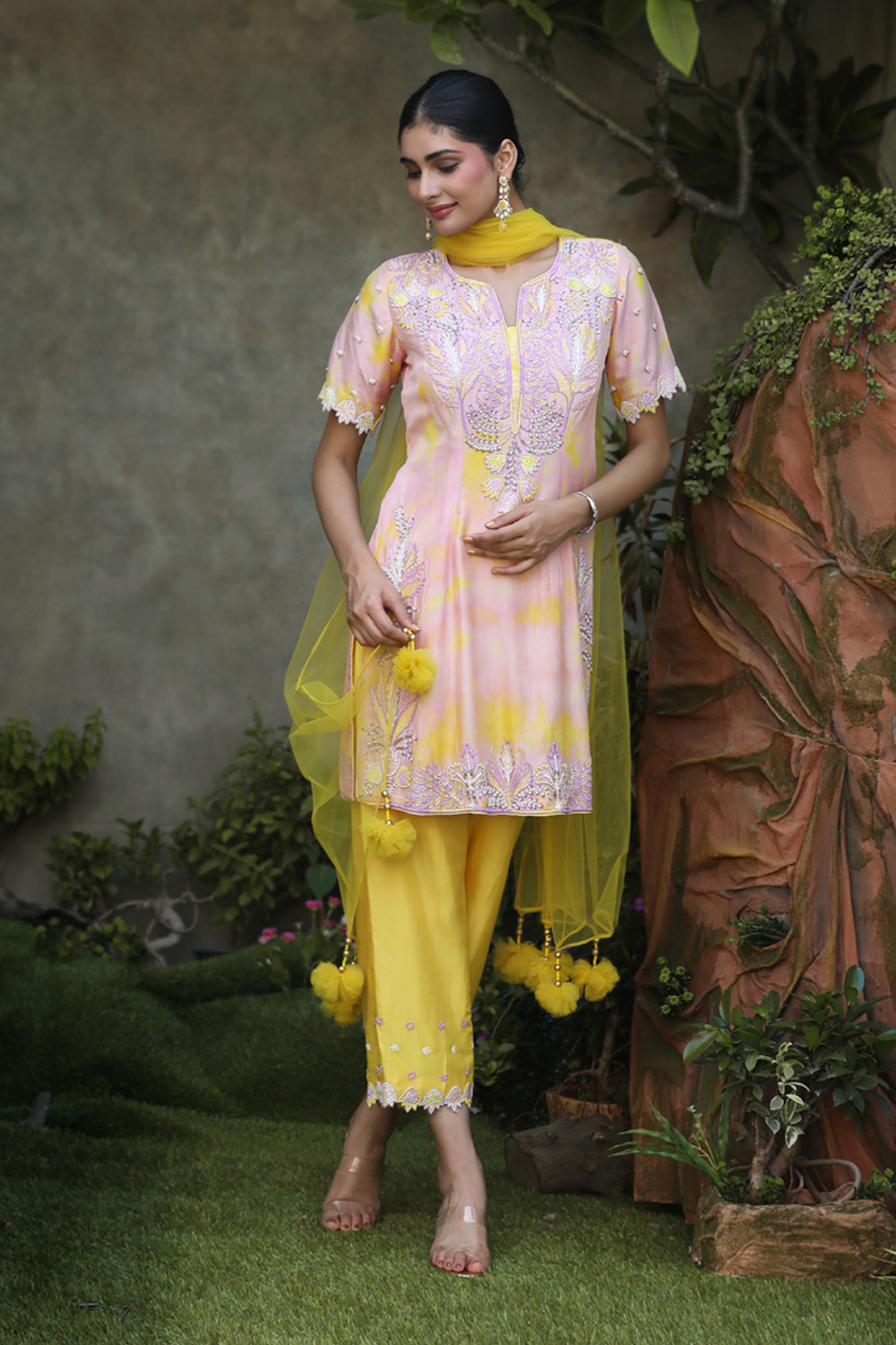 Lilac, Yellow Tye Dye Silk Floral Embroidered Straight Suit With Yellow Pant And Net Dupatta Set.