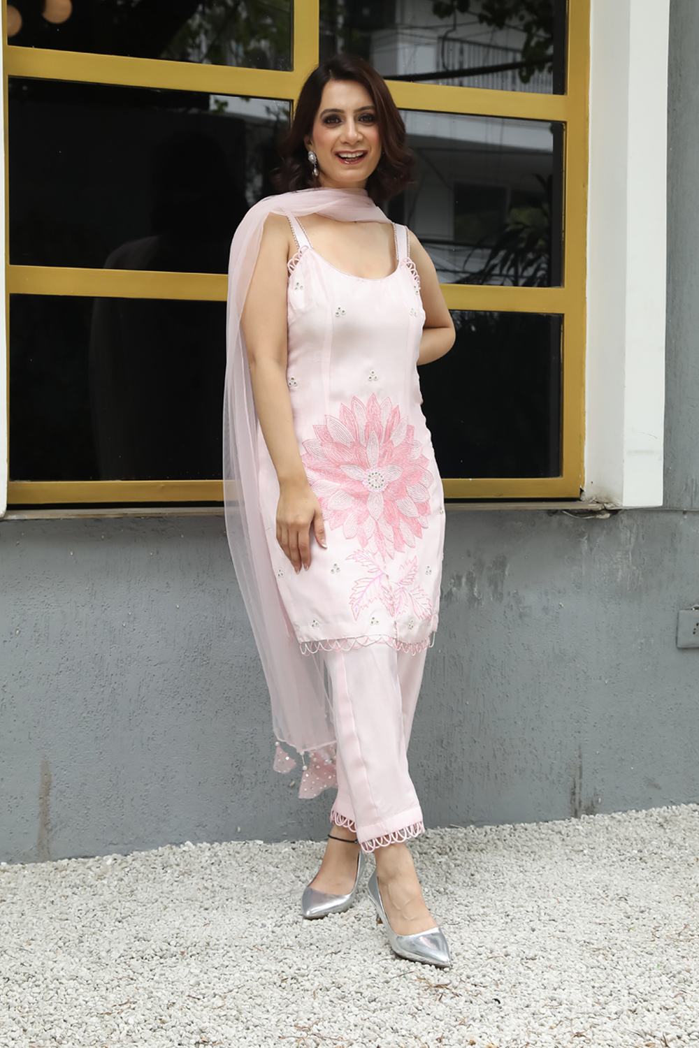 Powder Pink Silk Floral Embroidered Straight Suit With Pant And Net Dupatta Set.