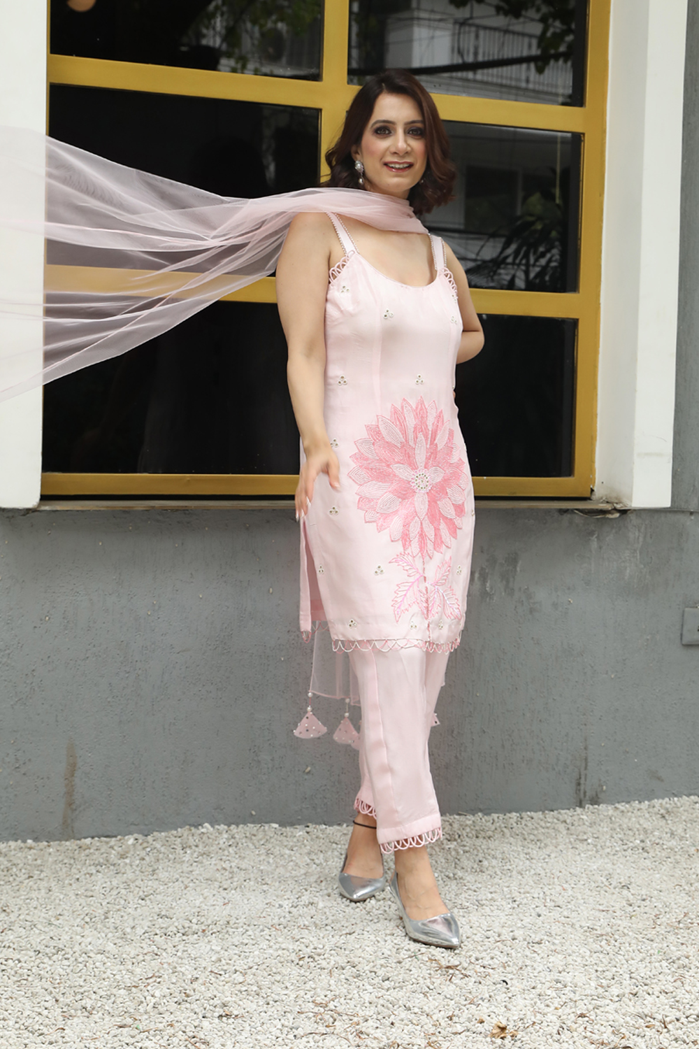 Powder Pink Silk Floral Embroidered Straight Suit With Pant And Net Dupatta Set.